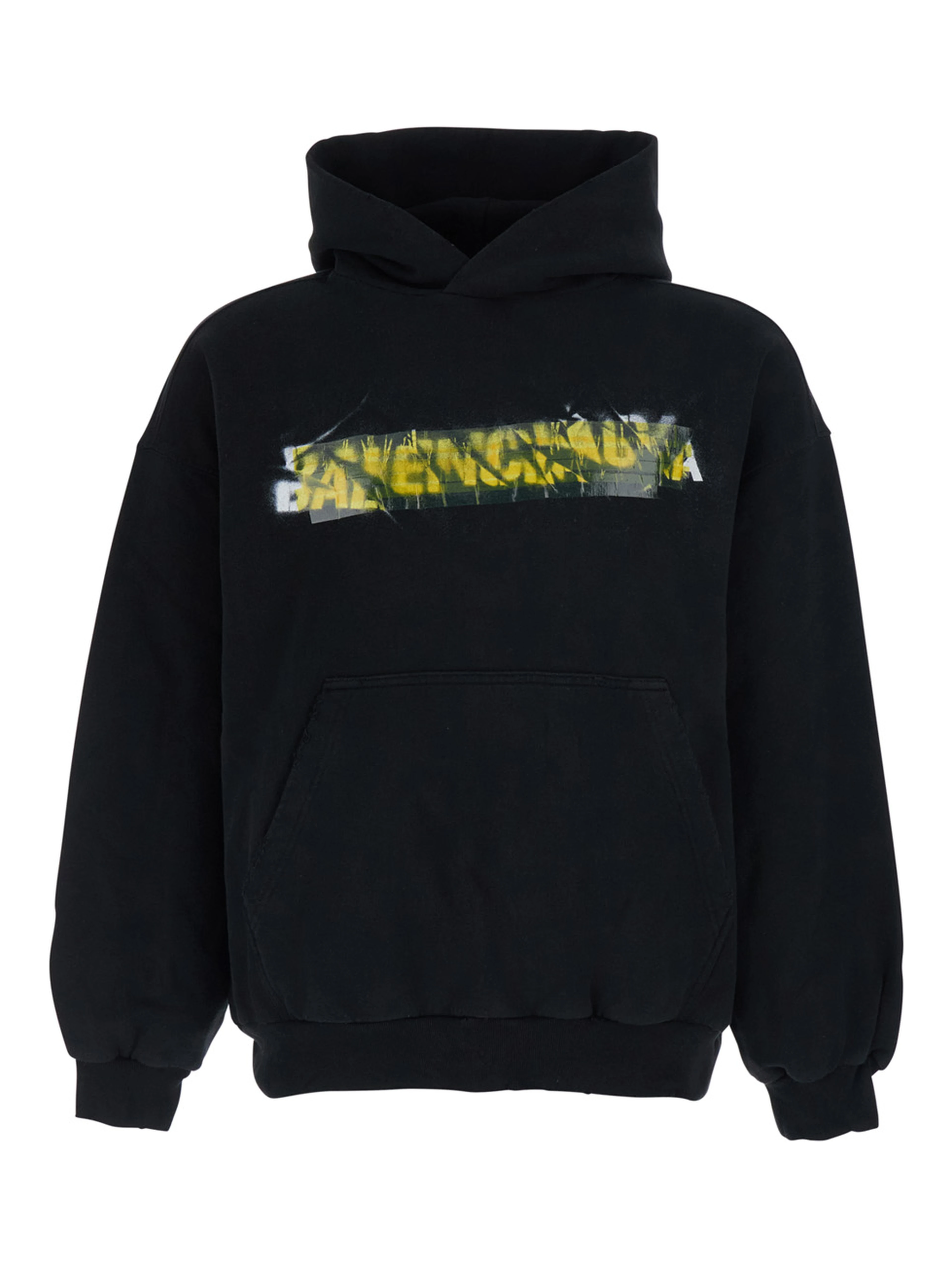 Black Messy Spray Hoodie with Fixed Hood in Cotton Men