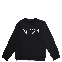 Crewneck Sweatshirt with Maxi Logo Print in Black Cotton Girl