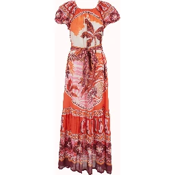 PEONY Red Long Dress with Short Sleeves and All-Over Print in Modal Women