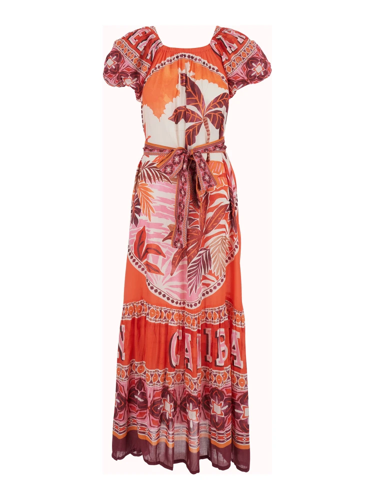 PEONY Red Long Dress with Short Sleeves and All-Over Print in Modal Women