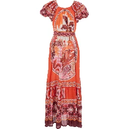 PEONY Red Long Dress with Short Sleeves and All-Over Print in Modal Women
