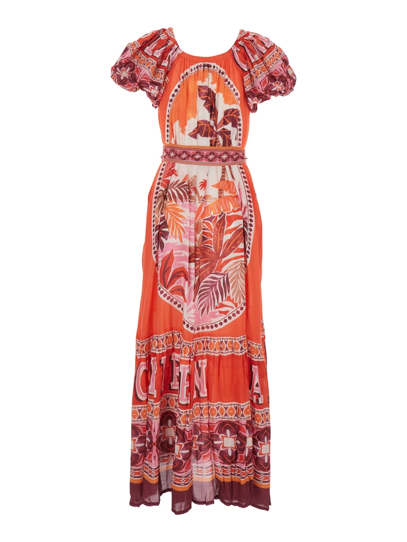 PEONY Red Long Dress with Short Sleeves and All-Over Print in Modal Women