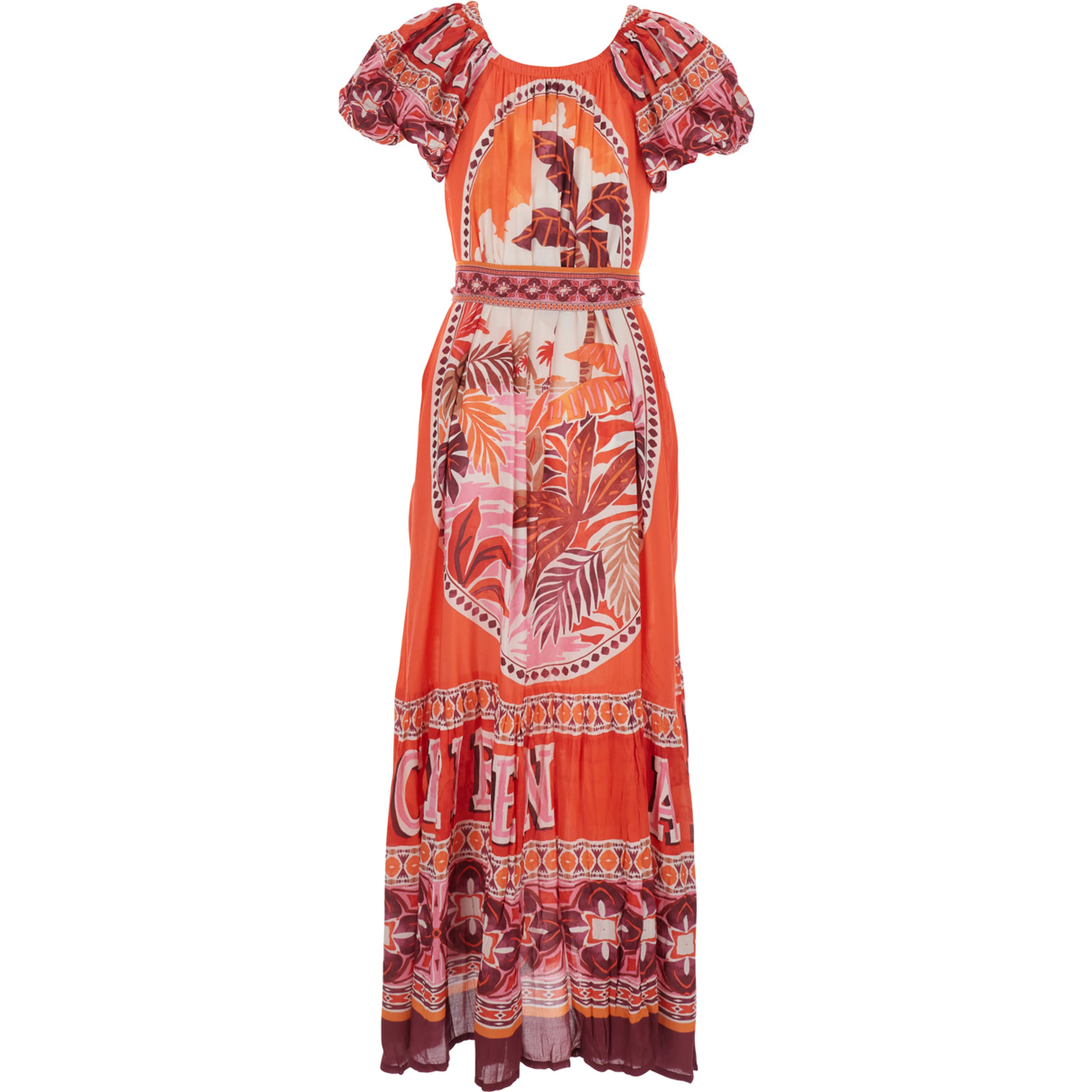 PEONY Red Long Dress with Short Sleeves and All-Over Print in Modal Women