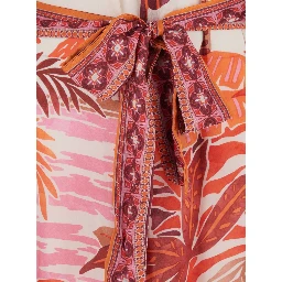 PEONY Red Long Dress with Short Sleeves and All-Over Print in Modal Women