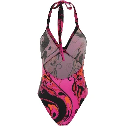 Fuchsia Swimsuit with Asymmetric Neckline and All-Over Orchidea Print in Tech Fabric Stretch for Women