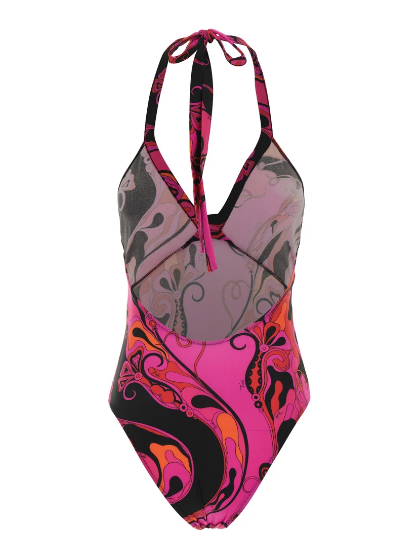 Fuchsia Swimsuit with Asymmetric Neckline and All-Over Orchidea Print in Tech Fabric Stretch for Women