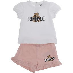 White and Pink T-Shirt and Shorts Set with Logo Print on the Front in Stretch Cotton Baby