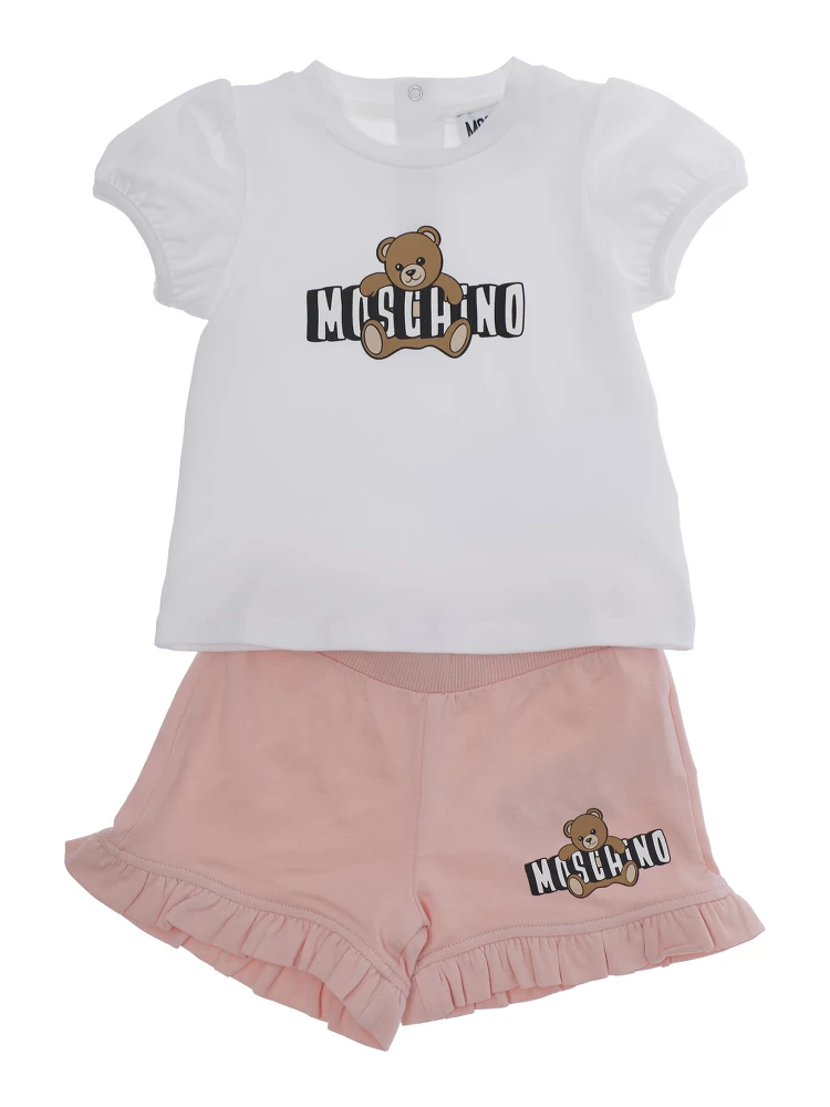 White and Pink T-Shirt and Shorts Set with Logo Print on the Front in Stretch Cotton Baby