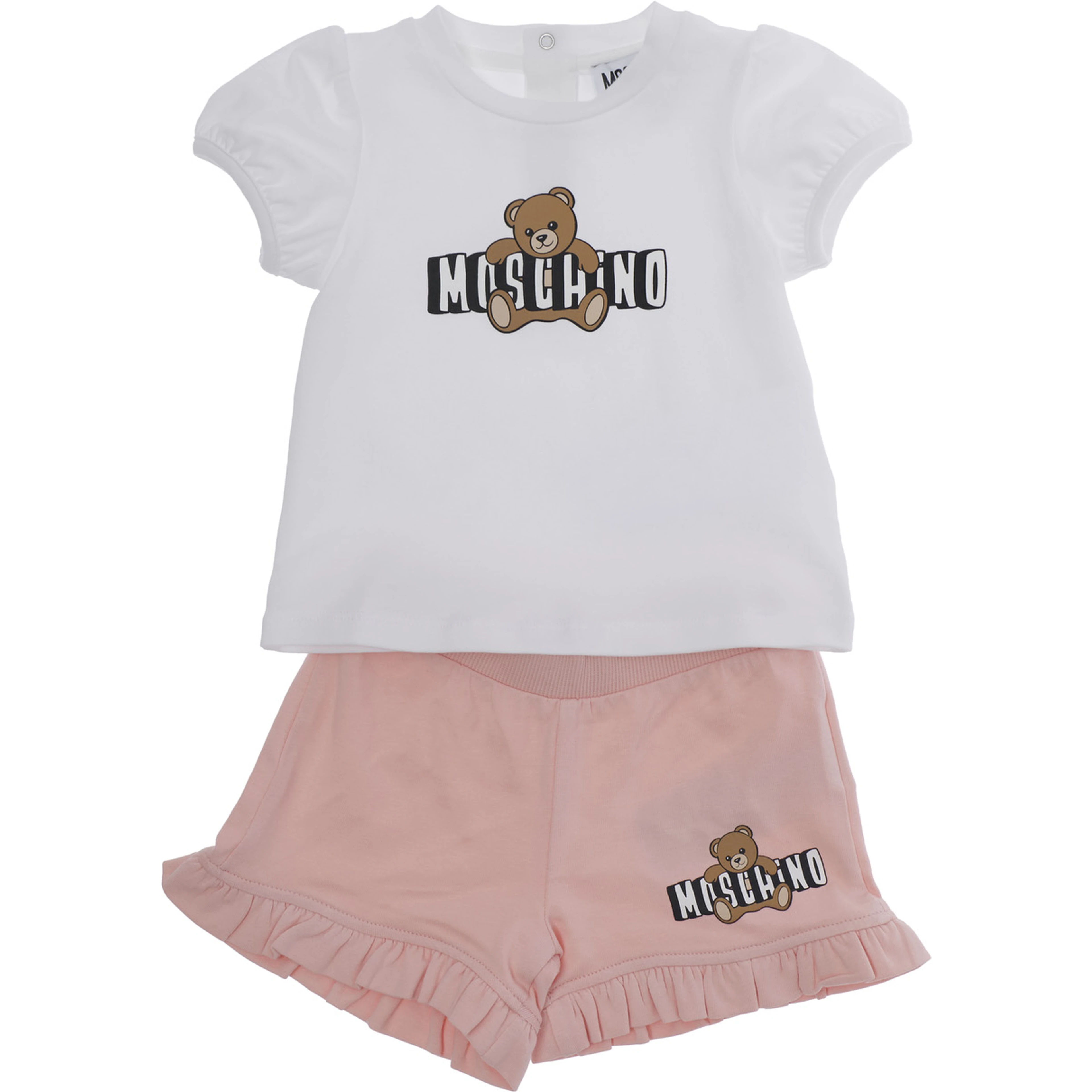 White and Pink T-Shirt and Shorts Set with Logo Print on the Front in Stretch Cotton Baby