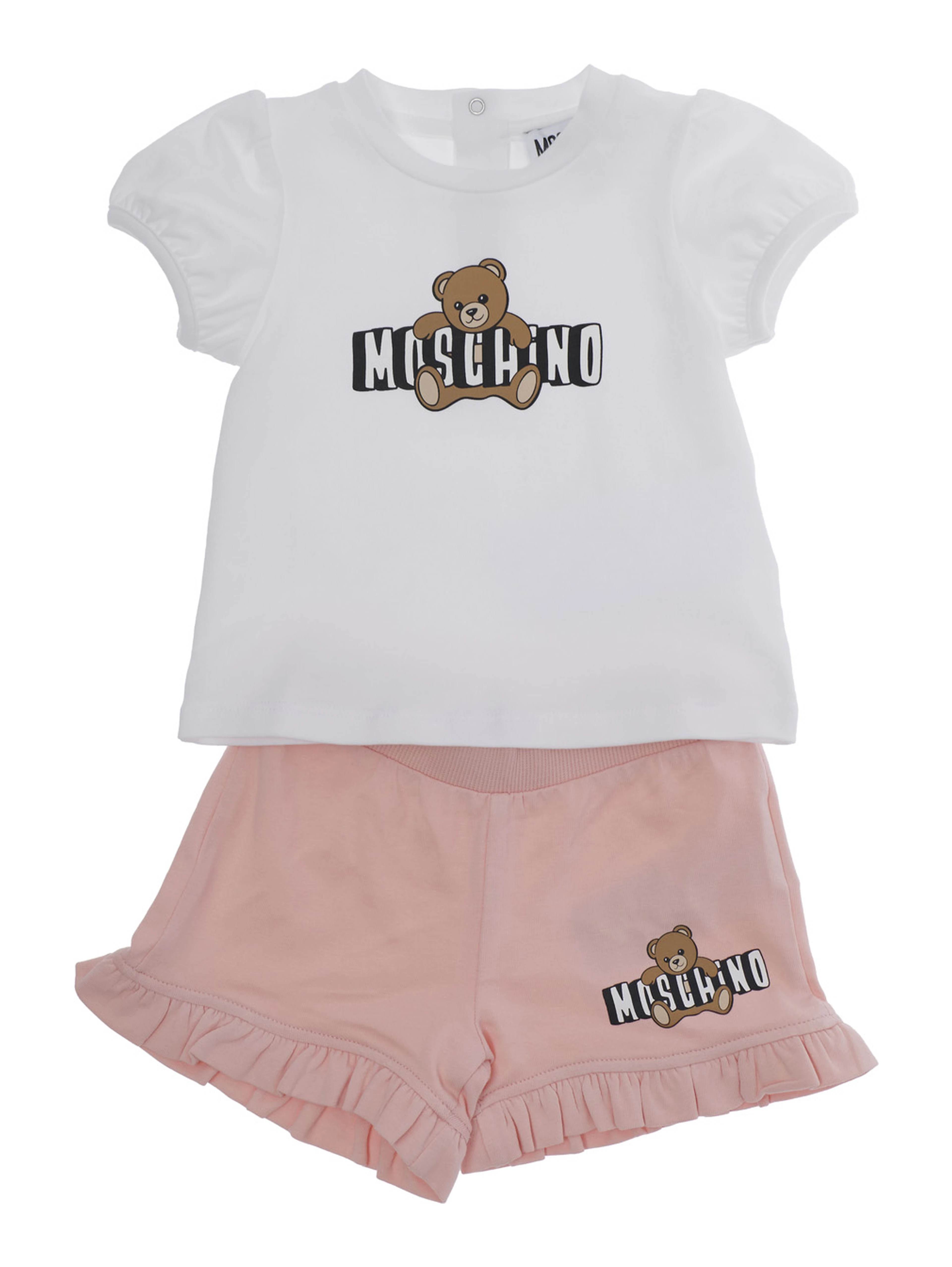 White and Pink T-Shirt and Shorts Set with Logo Print on the Front in Stretch Cotton Baby