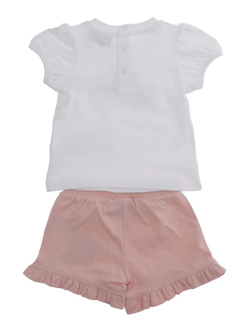 White and Pink T-Shirt and Shorts Set with Logo Print on the Front in Stretch Cotton Baby