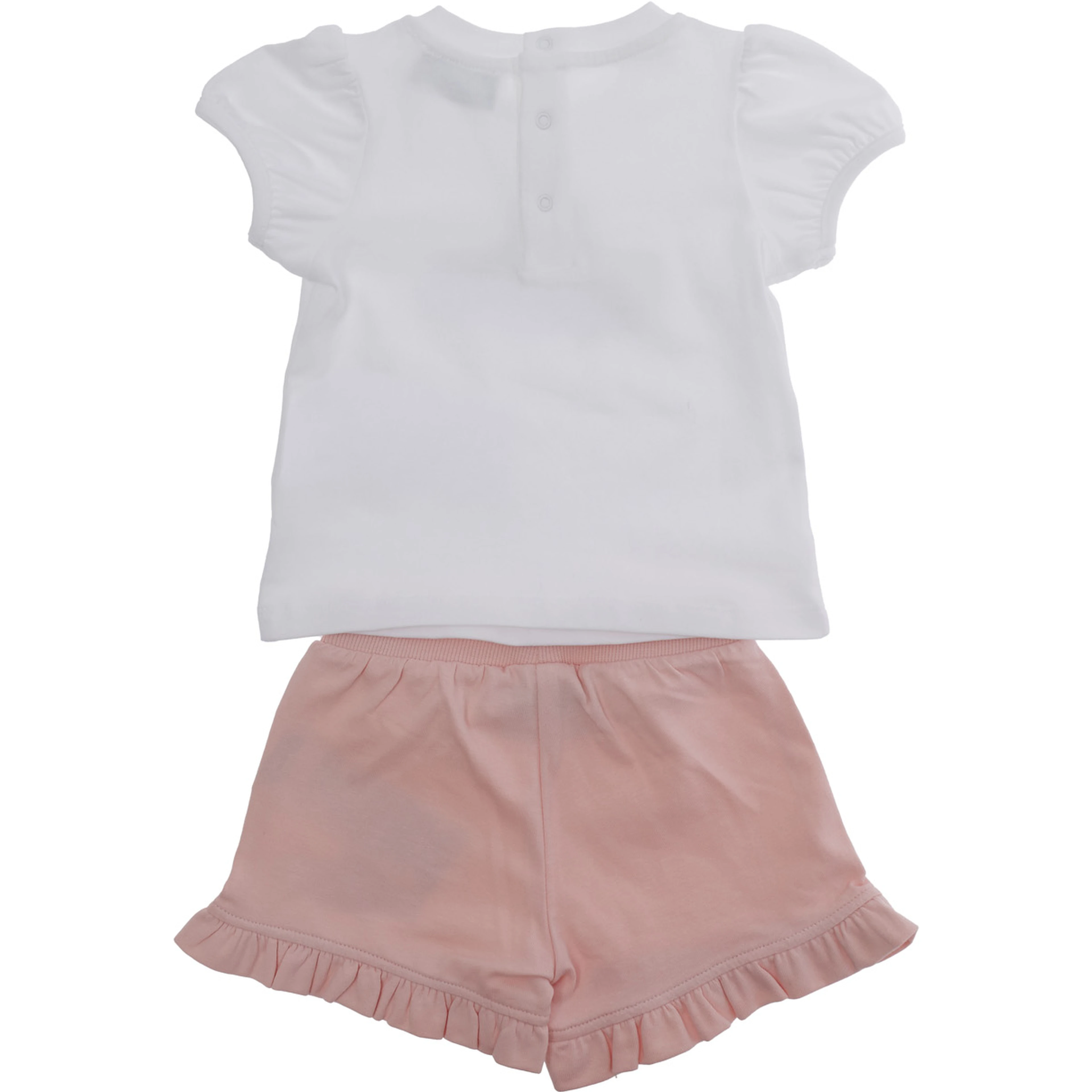 White and Pink T-Shirt and Shorts Set with Logo Print on the Front in Stretch Cotton Baby