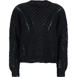 Black Crewneck Sweater with Logo Plaque on the Rear and Perforated Design in Wool Woman