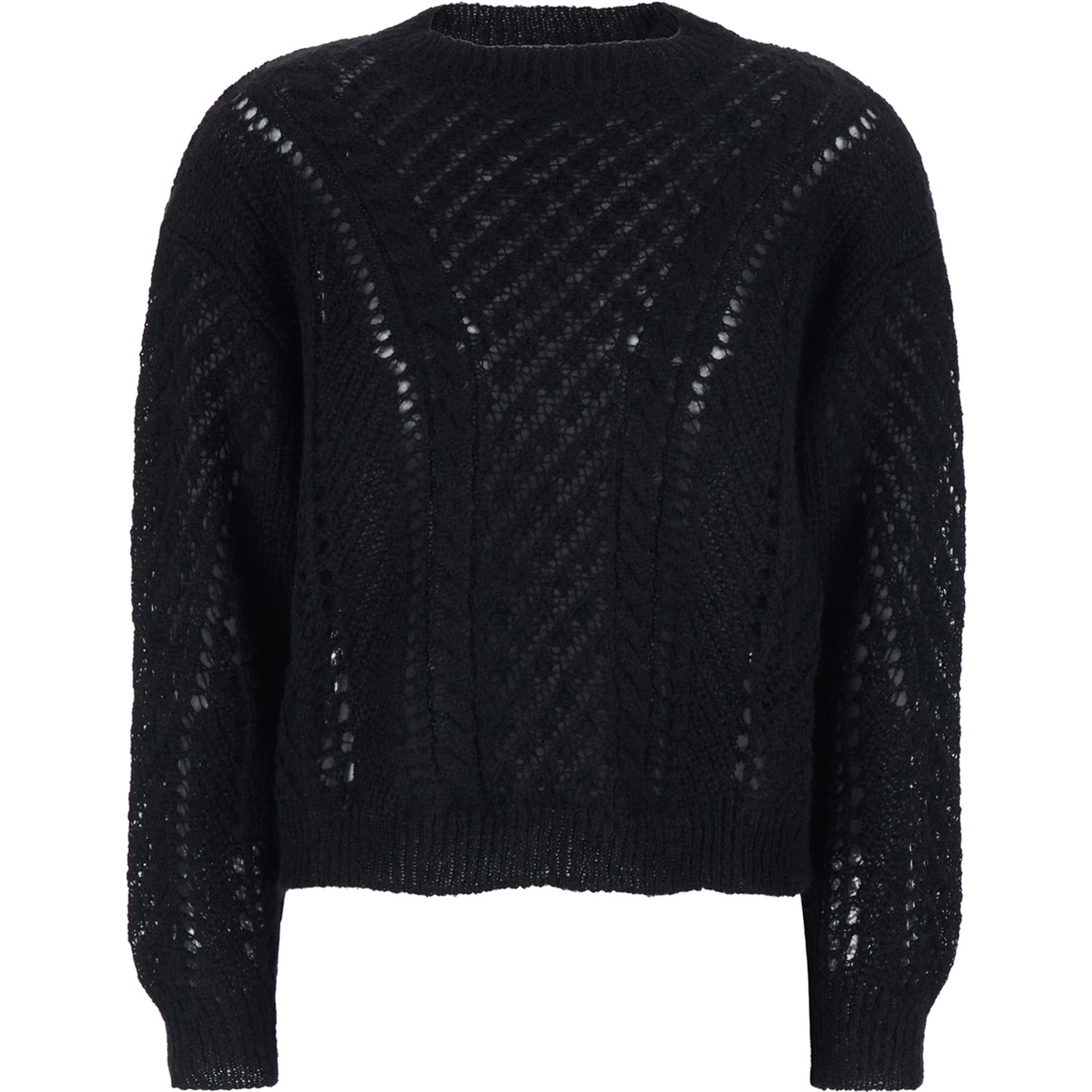 Black Crewneck Sweater with Logo Plaque on the Rear and Perforated Design in Wool Woman