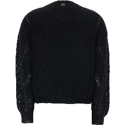 Black Crewneck Sweater with Logo Plaque on the Rear and Perforated Design in Wool Woman