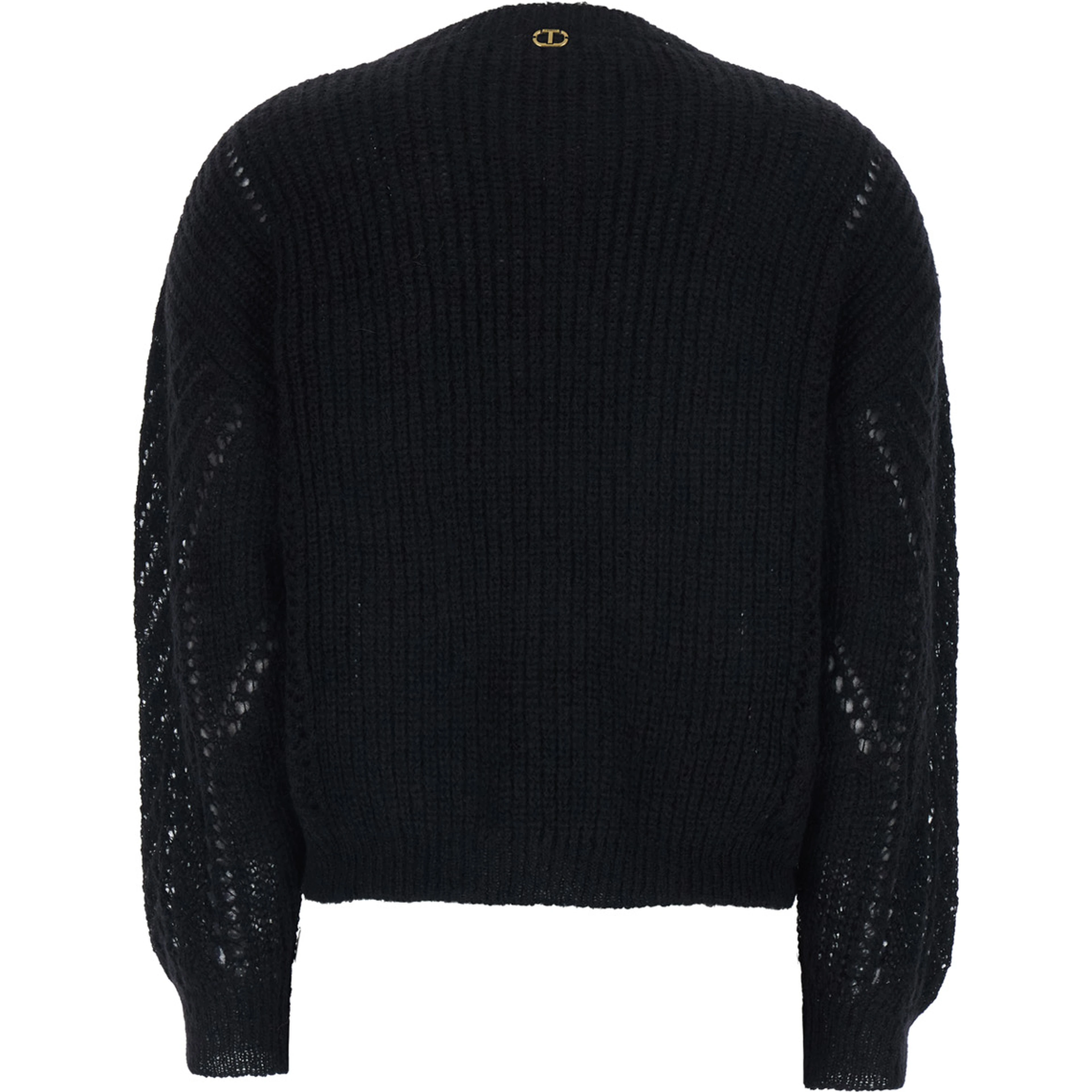 Black Crewneck Sweater with Logo Plaque on the Rear and Perforated Design in Wool Woman