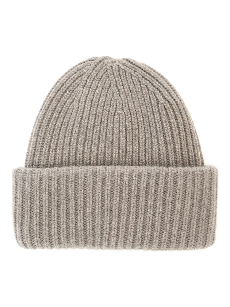 RIBBED BEANIE Hat with ribbed knit and cashmere fabric Beige unisex