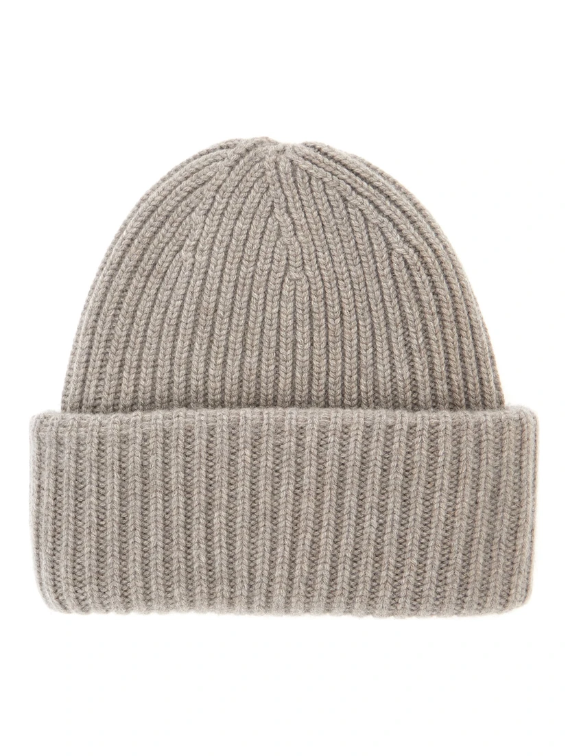 RIBBED BEANIE Hat with ribbed knit and cashmere fabric Beige unisex