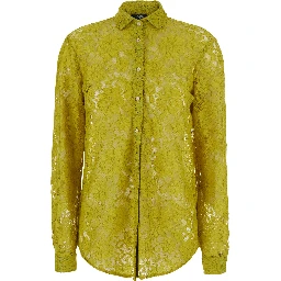 Yellow Shirt with classic collar and all-over lace embroidery in fabric for women