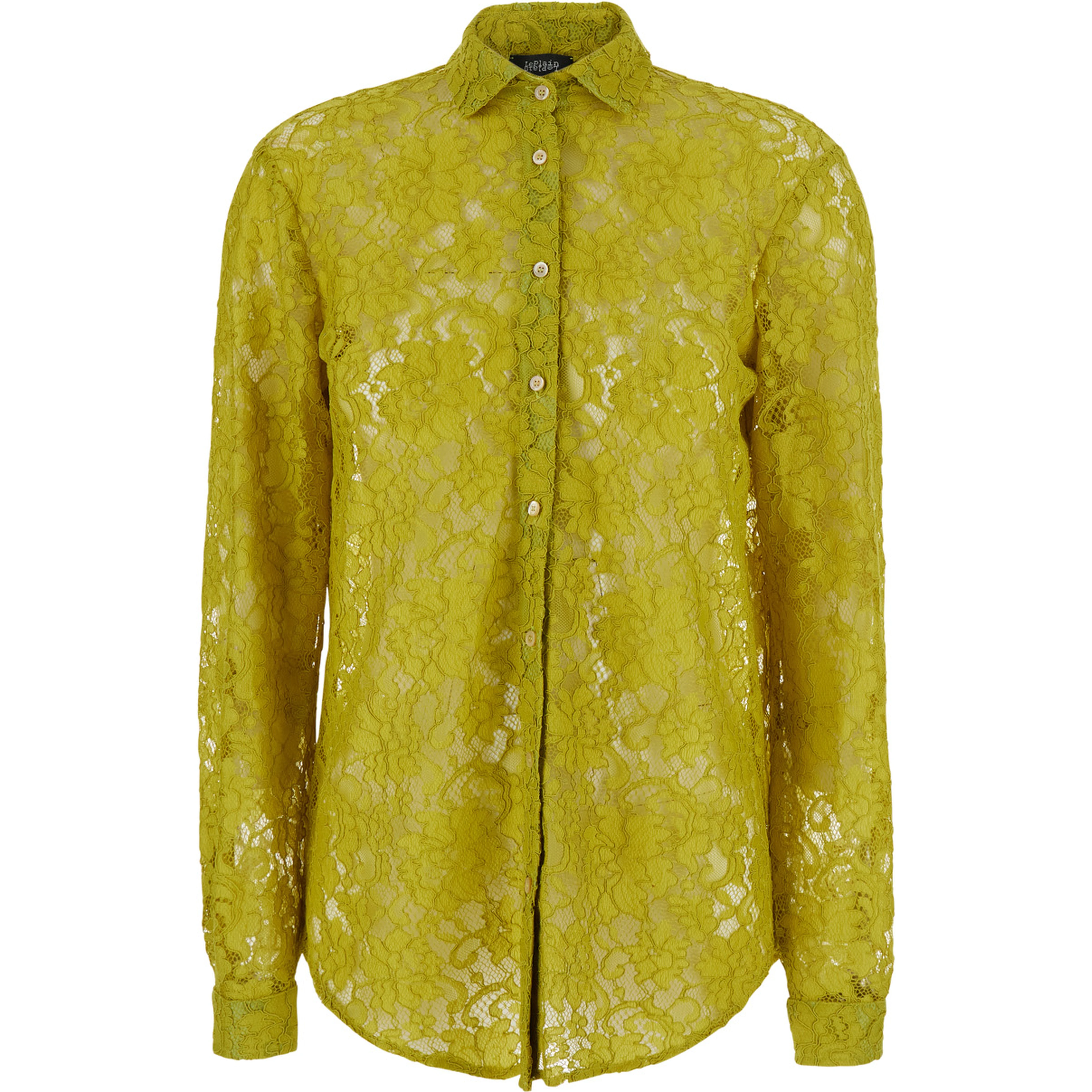 Yellow Shirt with classic collar and all-over lace embroidery in fabric for women