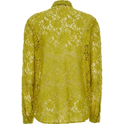 Yellow Shirt with classic collar and all-over lace embroidery in fabric for women