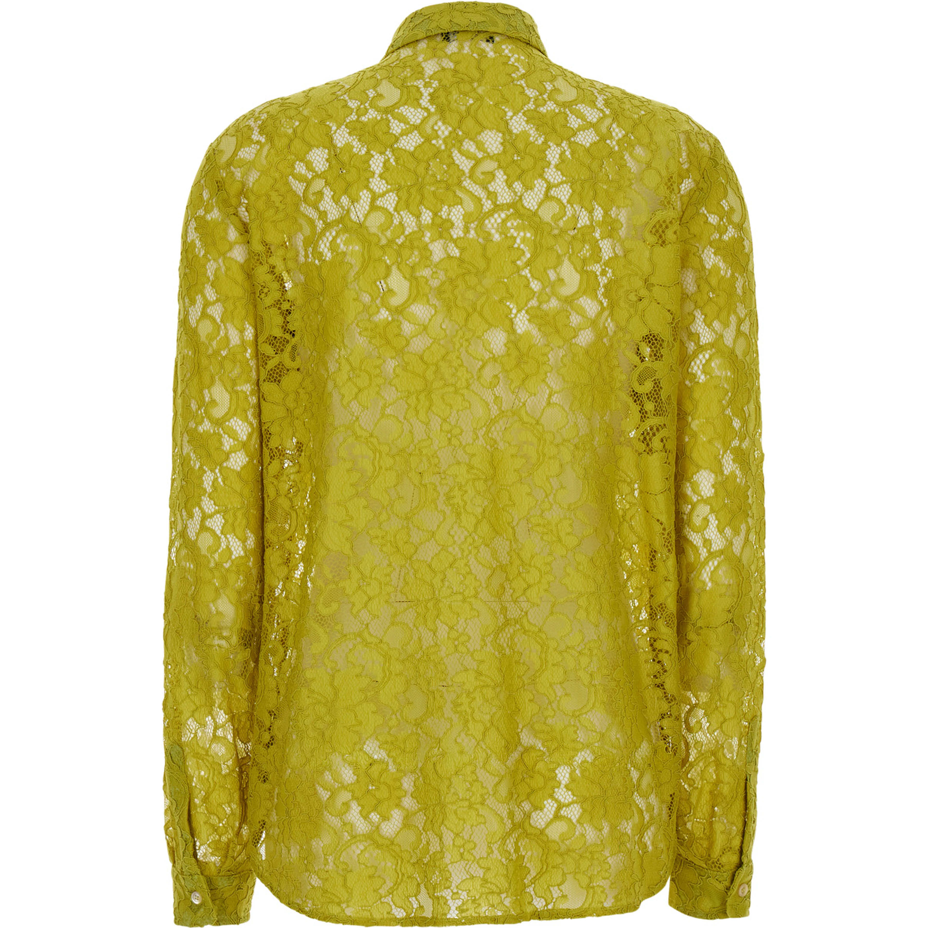 Yellow Shirt with classic collar and all-over lace embroidery in fabric for women