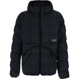 Black down jacket with hood and logo lettering on the front in Tech Fabric for men