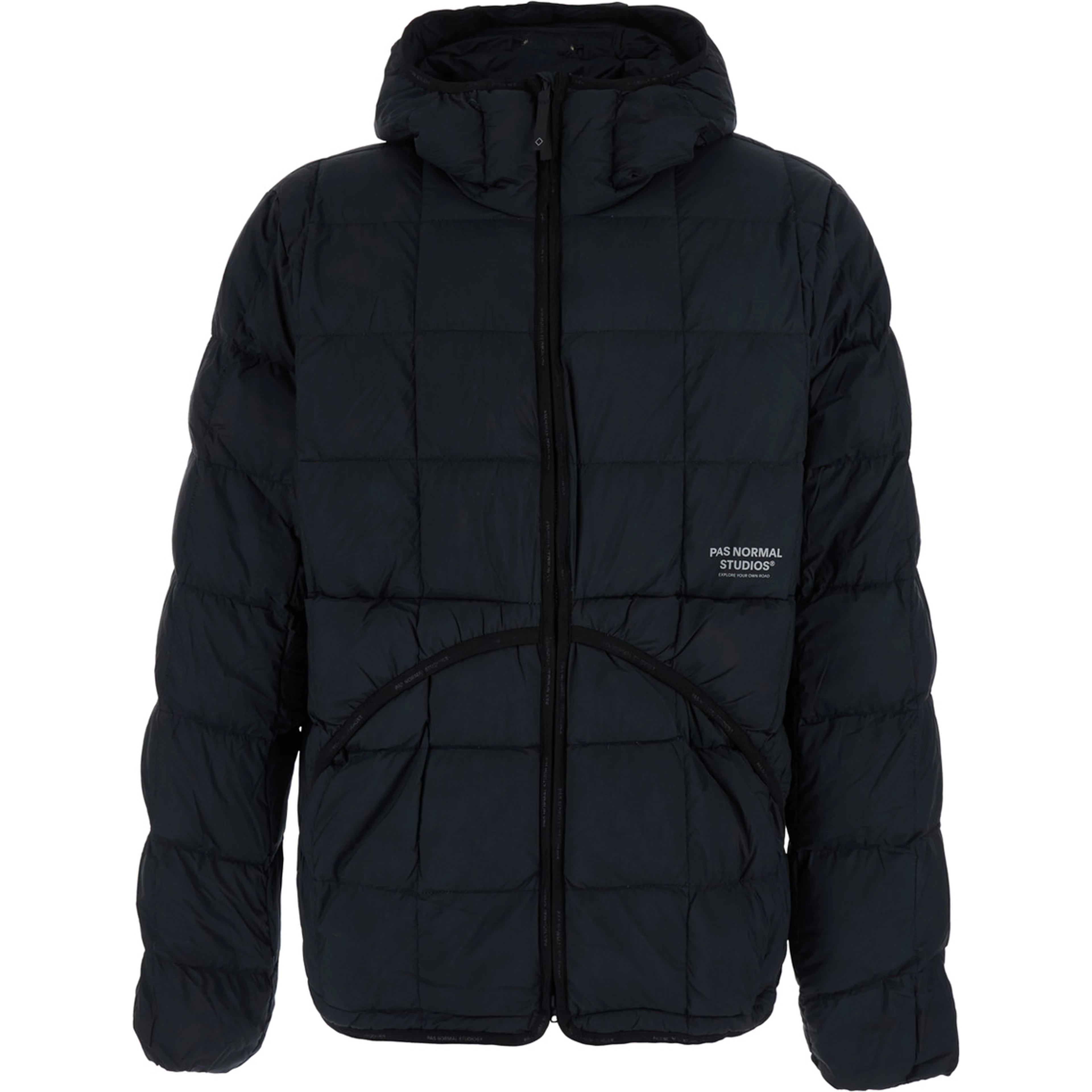 Black down jacket with hood and logo lettering on the front in Tech Fabric for men