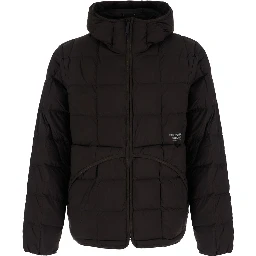 Brown Hooded down jacket with logo lettering on the front in tech fabric for men