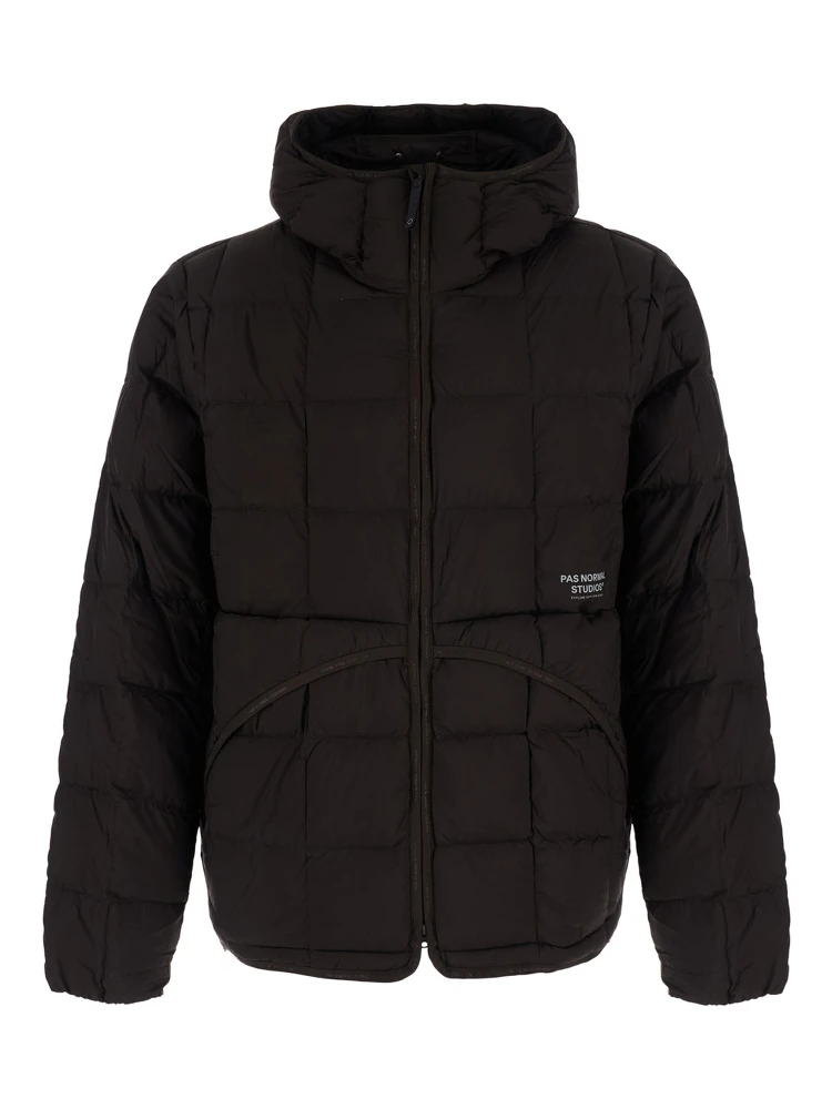 Brown Hooded down jacket with logo lettering on the front in tech fabric for men