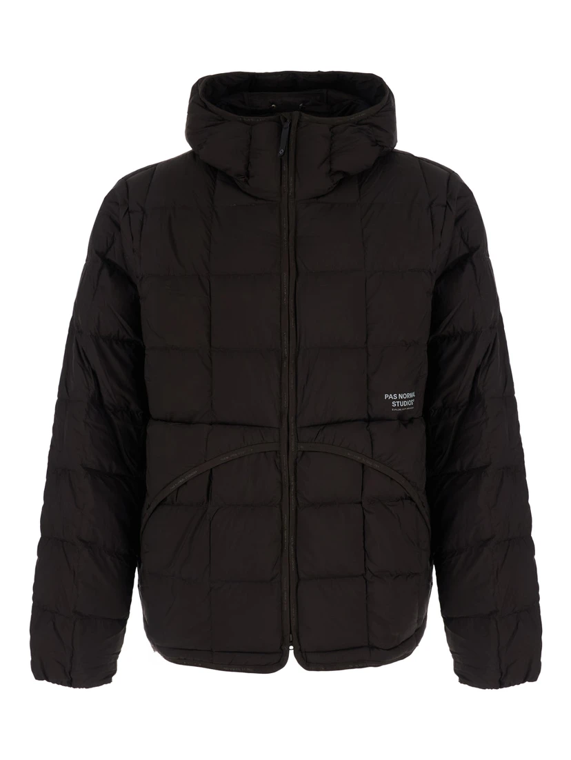 Brown Hooded down jacket with logo lettering on the front in tech fabric for men