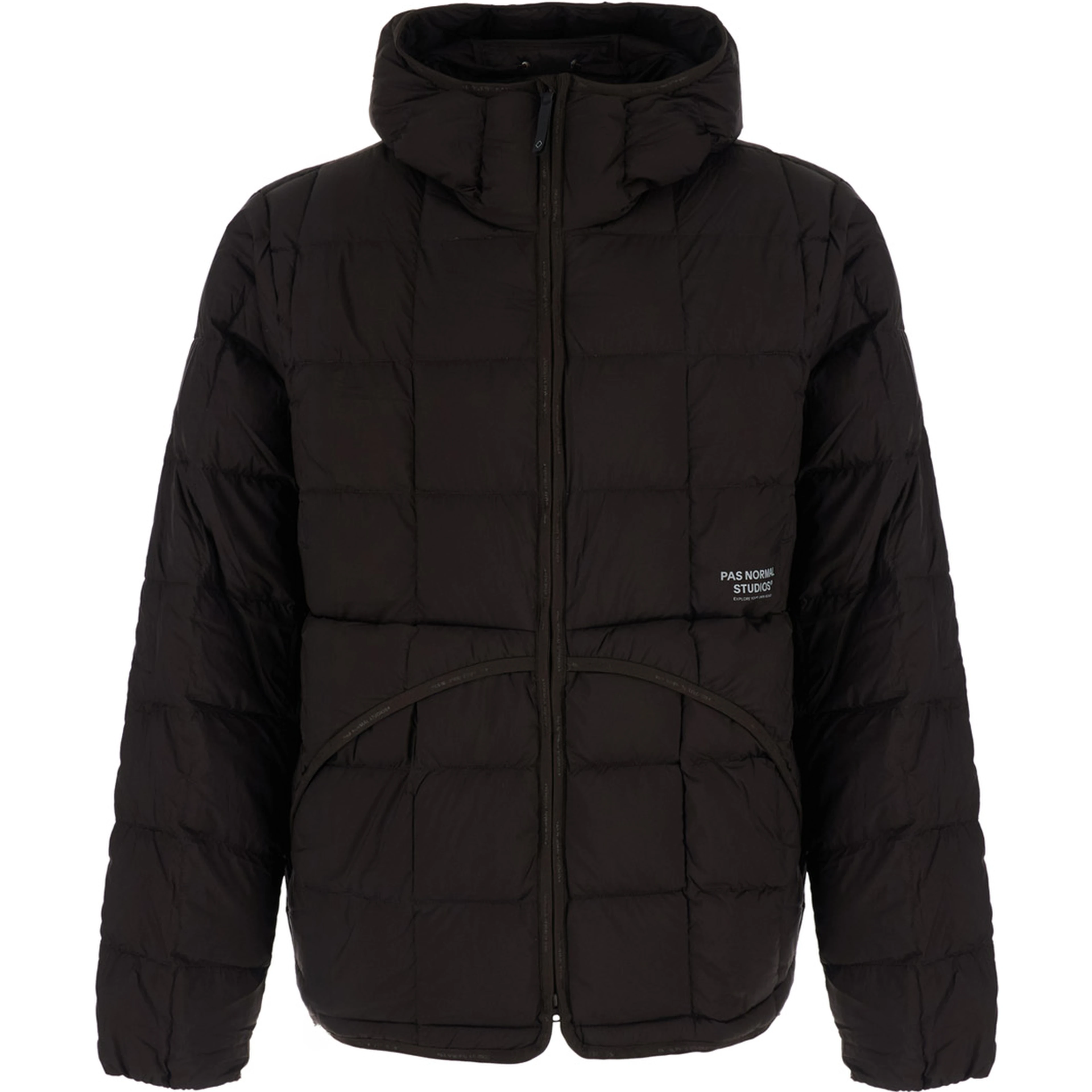 Brown Hooded down jacket with logo lettering on the front in tech fabric for men