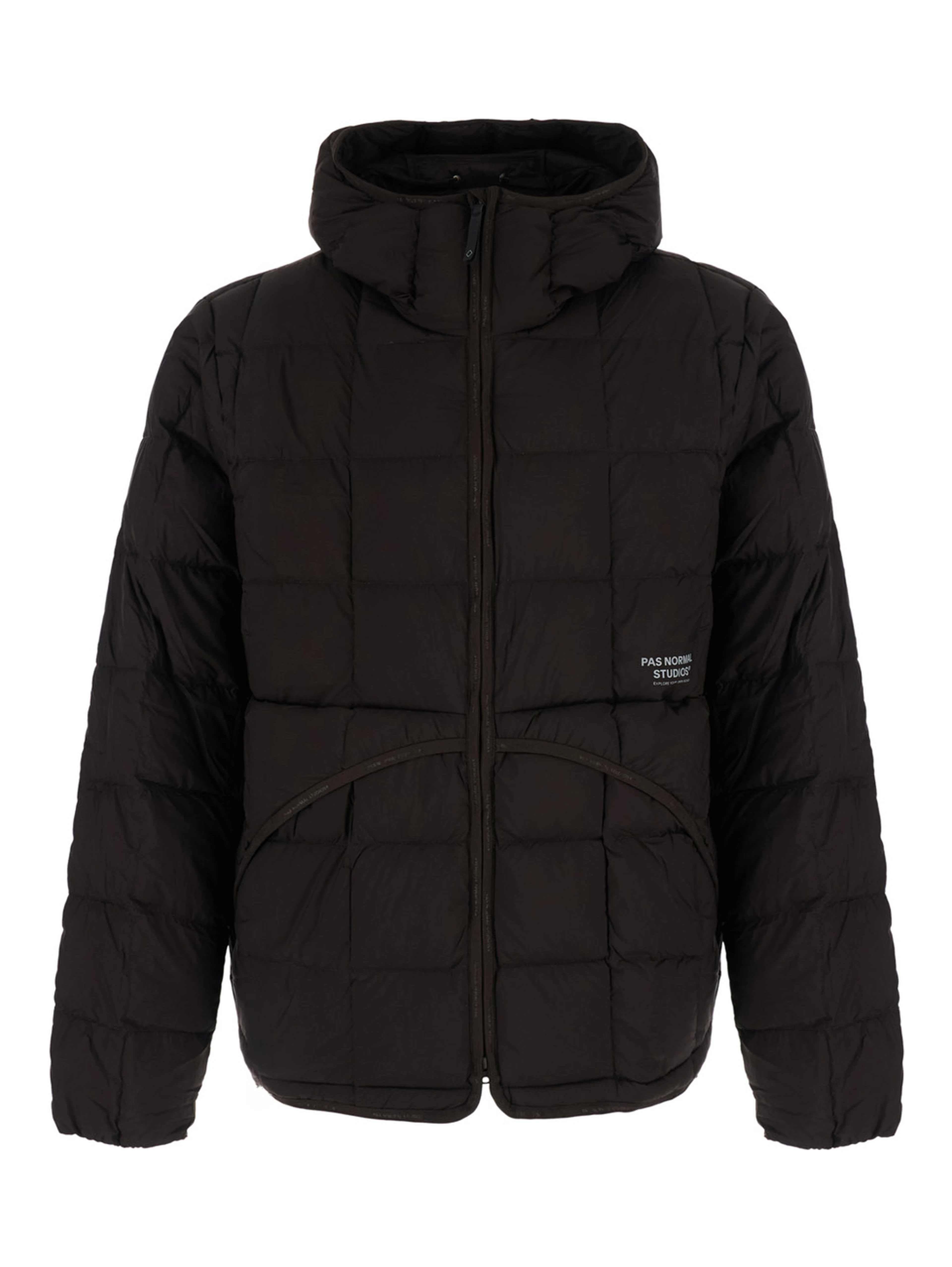 Brown Hooded down jacket with logo lettering on the front in tech fabric for men