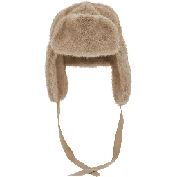 Beige Beanie with Adjustable Drawstring in Fur for Women