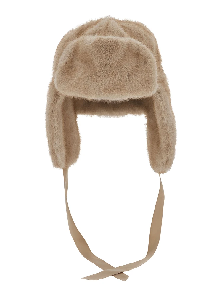 Beige Beanie with Adjustable Drawstring in Fur for Women