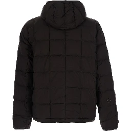 Brown Hooded down jacket with logo lettering on the front in tech fabric for men