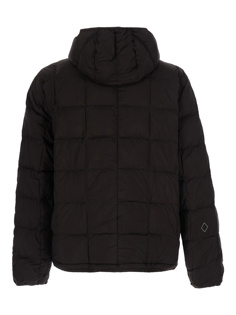 Brown Hooded down jacket with logo lettering on the front in tech fabric for men
