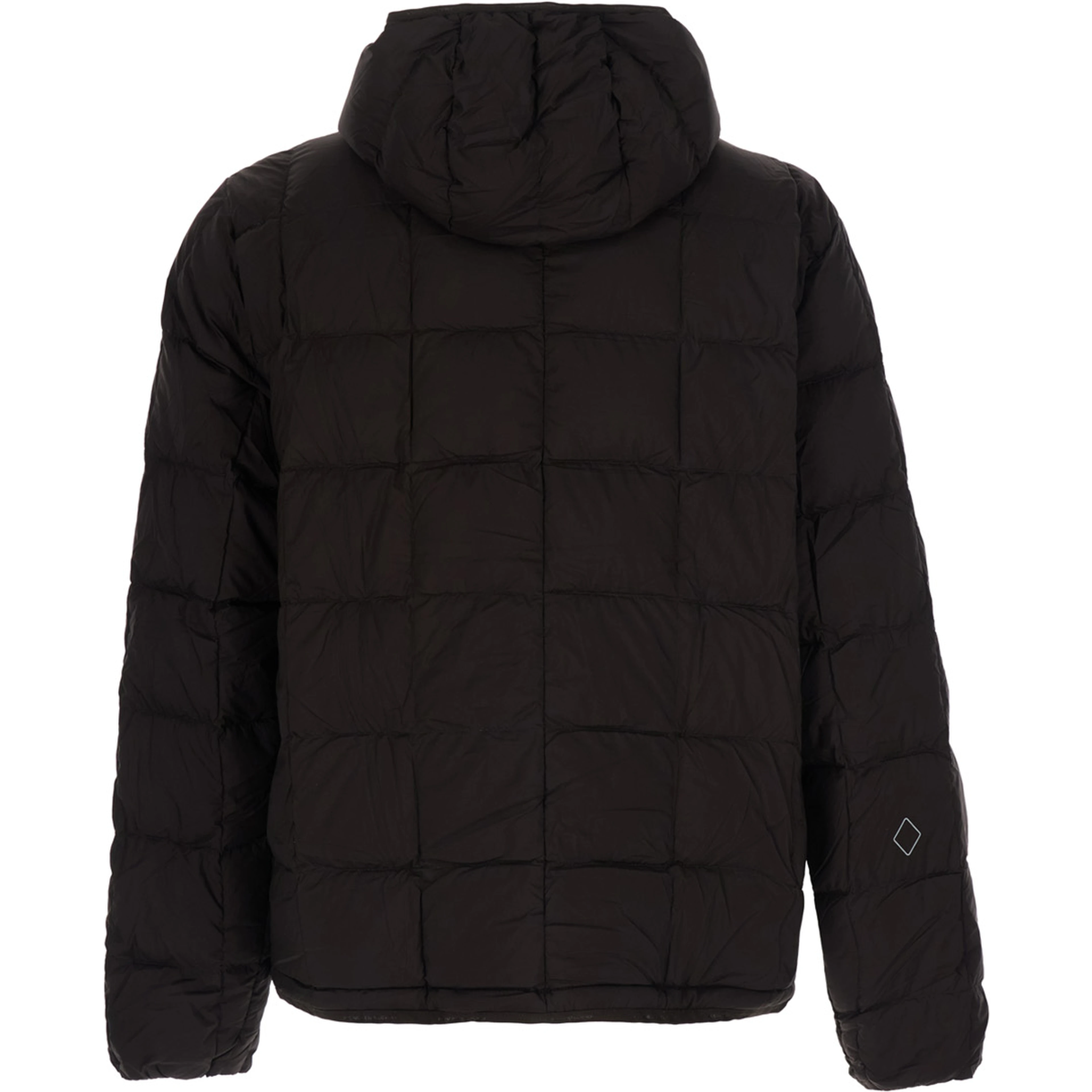 Brown Hooded down jacket with logo lettering on the front in tech fabric for men