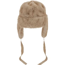 Beige Beanie with Adjustable Drawstring in Fur for Women