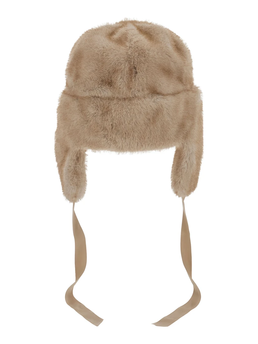 Beige Beanie with Adjustable Drawstring in Fur for Women