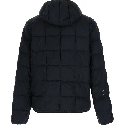 Black down jacket with hood and logo lettering on the front in Tech Fabric for men
