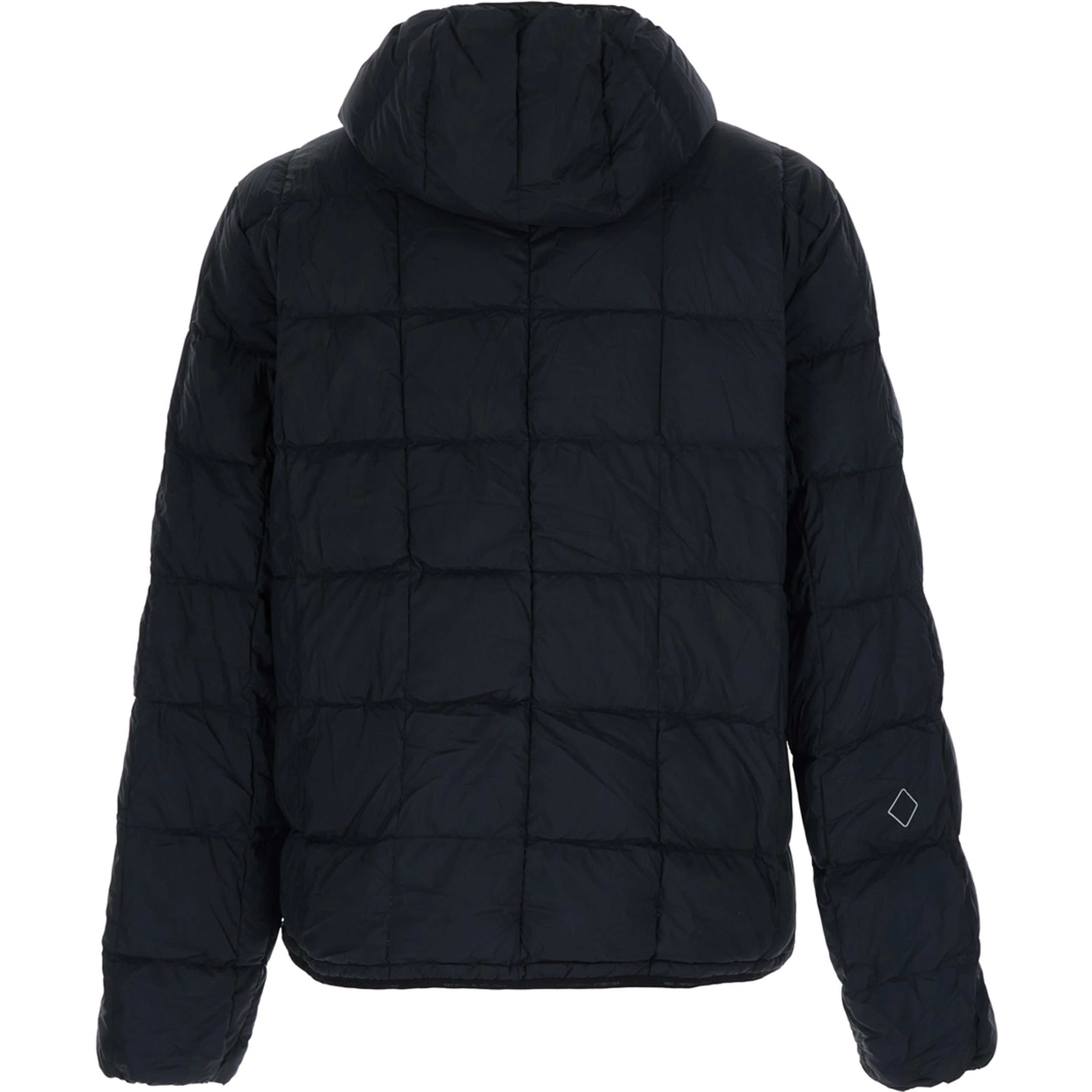 Black down jacket with hood and logo lettering on the front in Tech Fabric for men