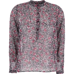 Maria Purple Blouse with Serafino Neckline with Buttons and Floral Print in Cotton for Women