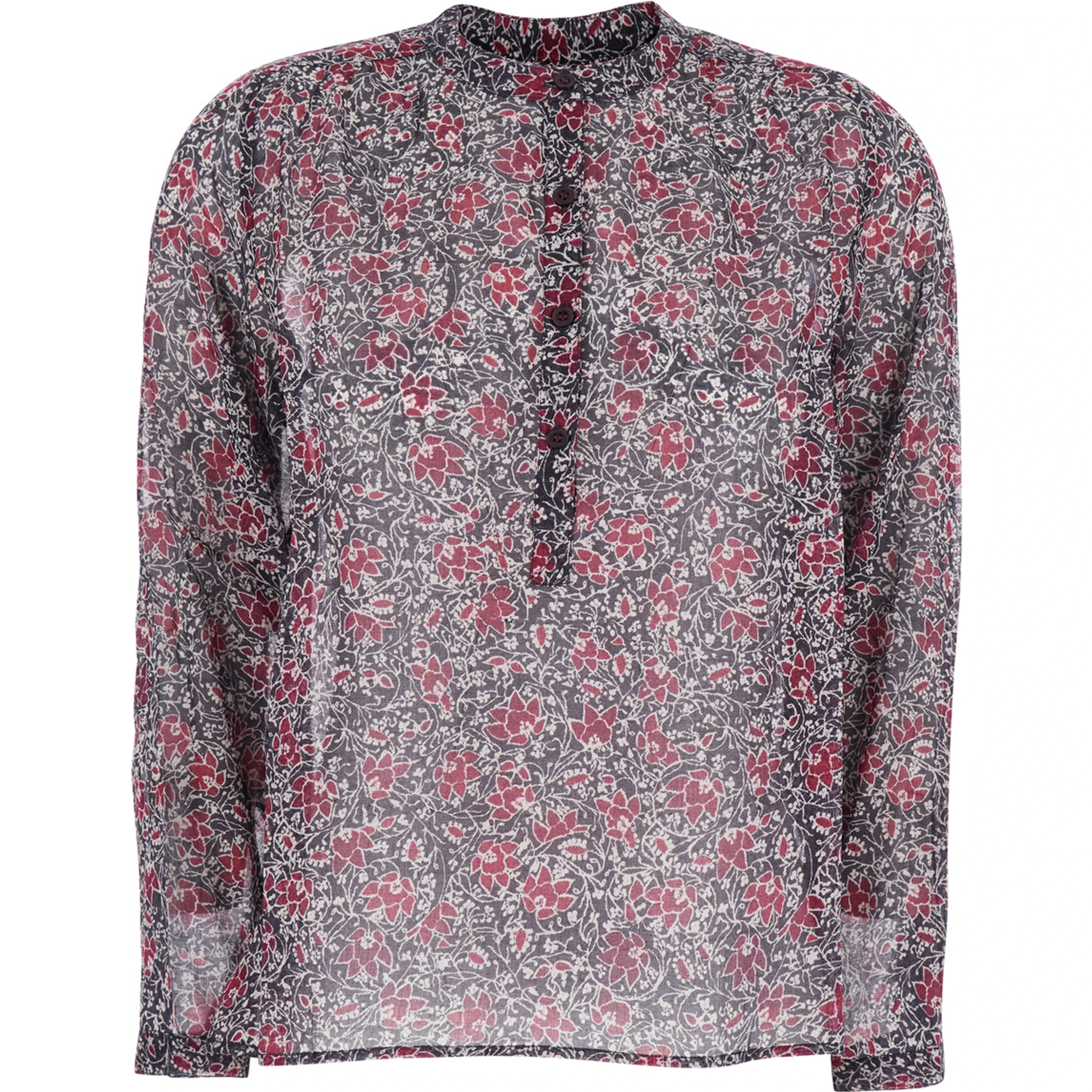 Maria Purple Blouse with Serafino Neckline with Buttons and Floral Print in Cotton for Women