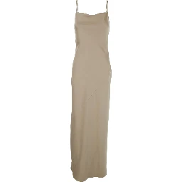 Beige Dress long with thin straps and pendants on the back in tech fabric women