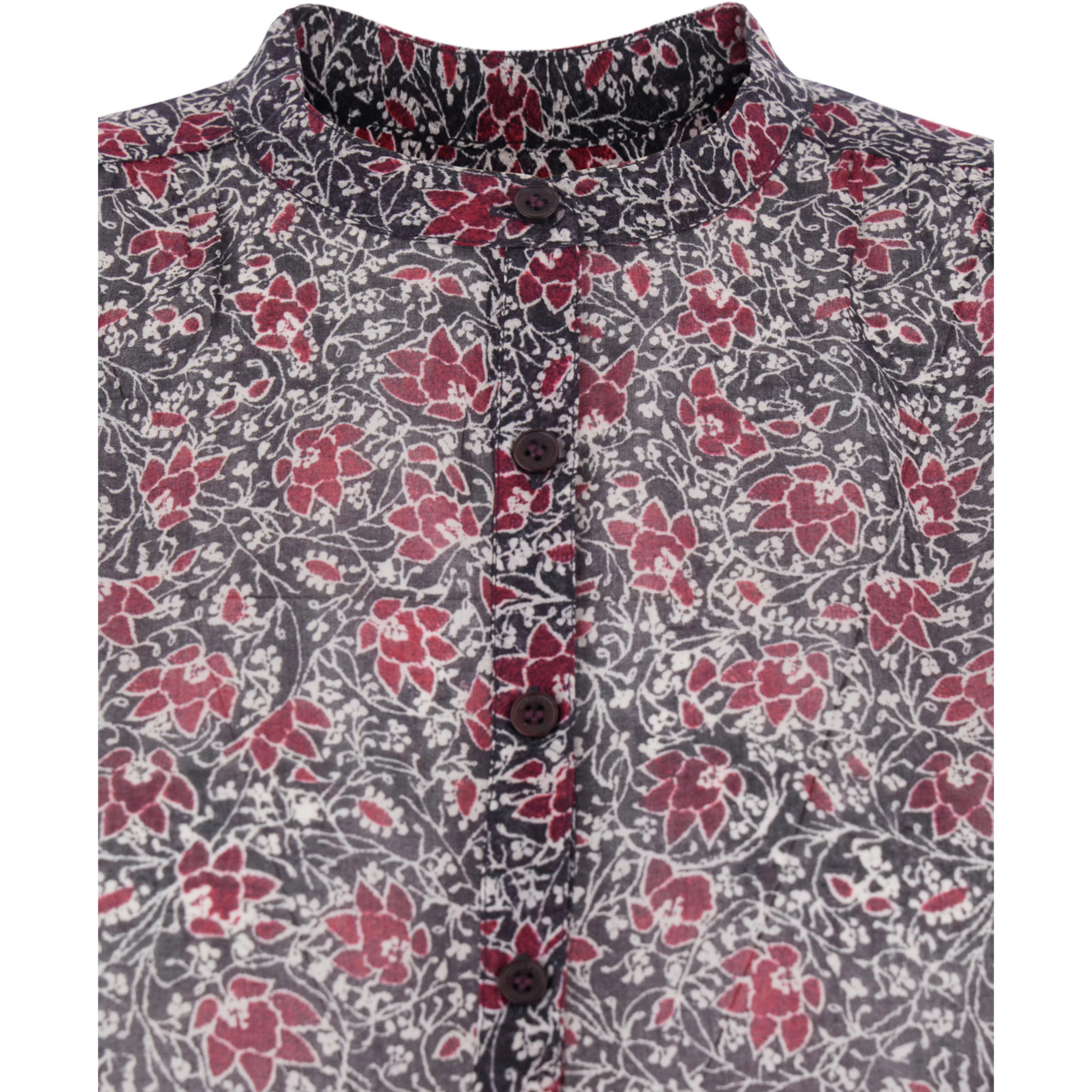 Maria Purple Blouse with Serafino Neckline with Buttons and Floral Print in Cotton for Women