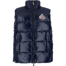 Blue Sleeveless down jacket with high neck and logo patch on the front in Tech Fabric unisex