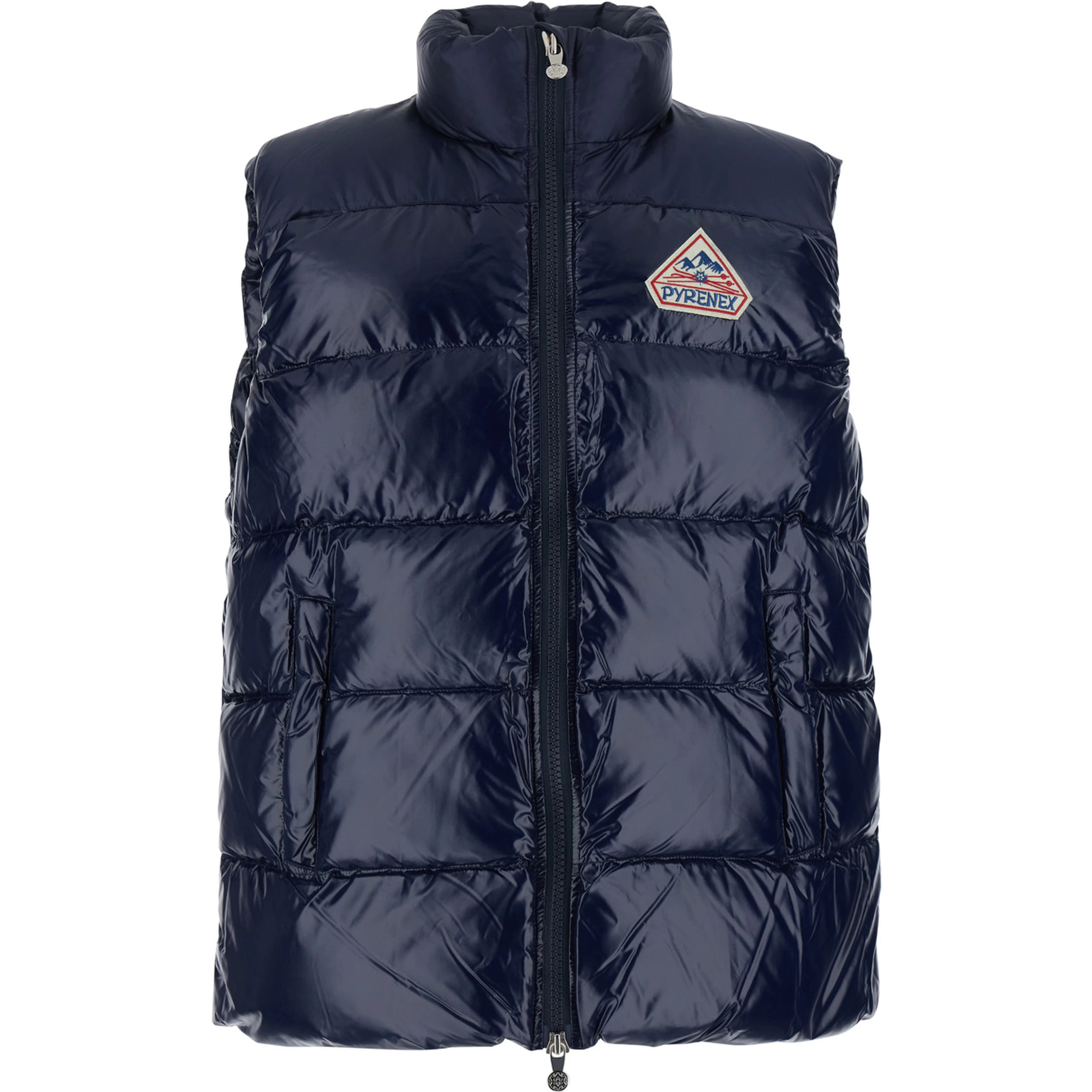 Blue Sleeveless down jacket with high neck and logo patch on the front in Tech Fabric unisex