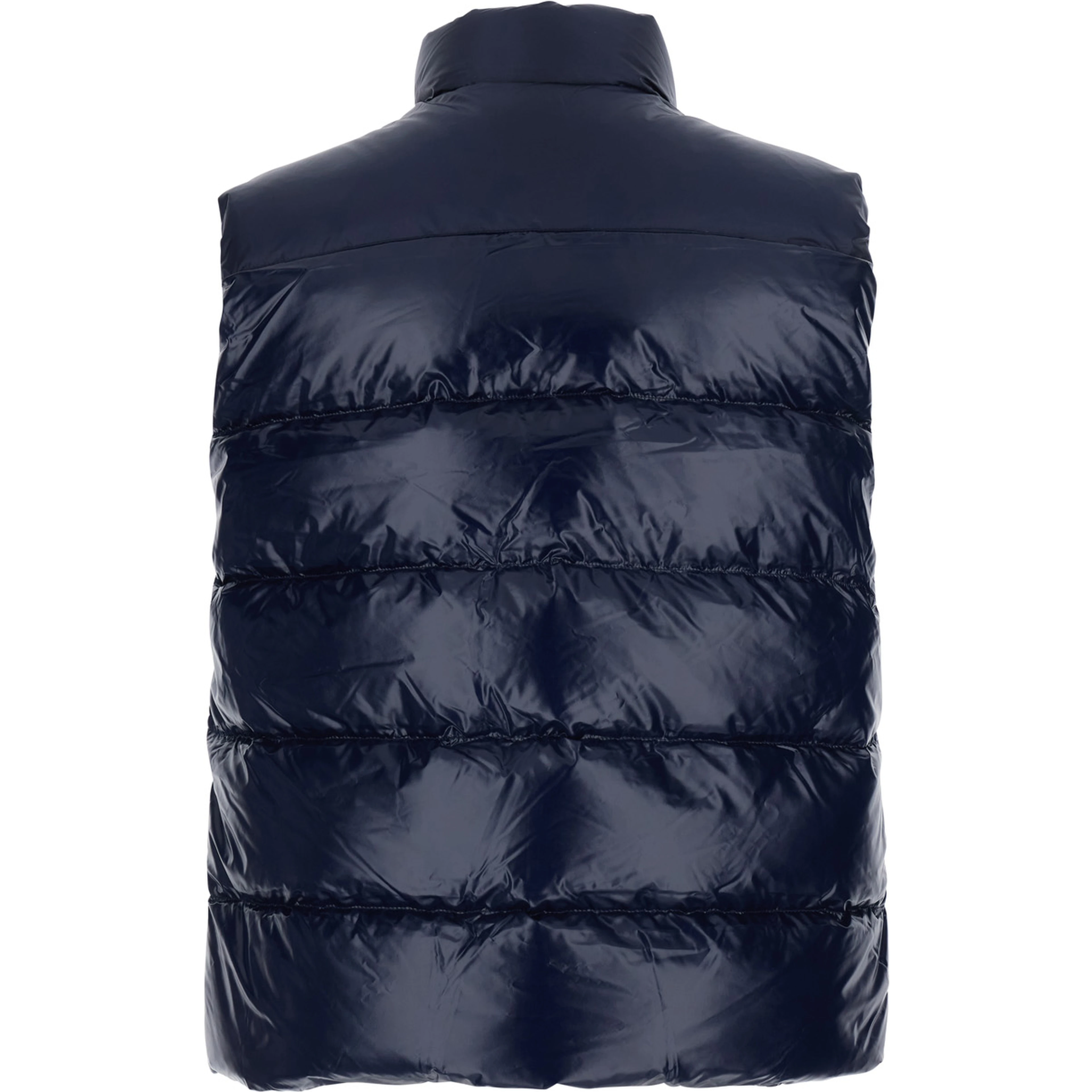 Blue Sleeveless down jacket with high neck and logo patch on the front in Tech Fabric unisex