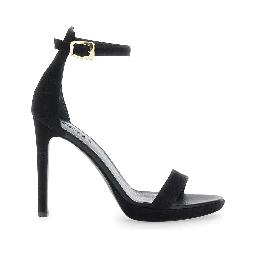 Heeled sandals featuring a platform and high heel in black fabric for women